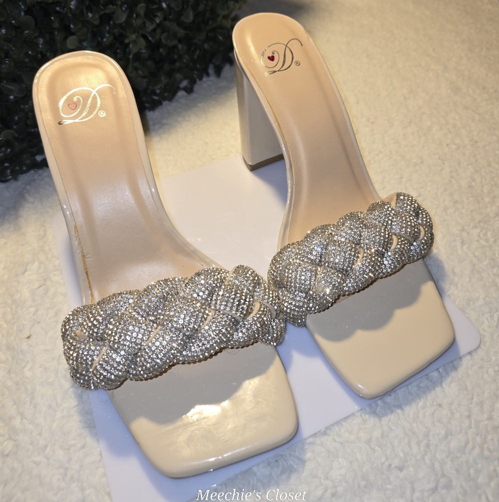 Rhinestone Braided Slip On Nude Chunky Heel